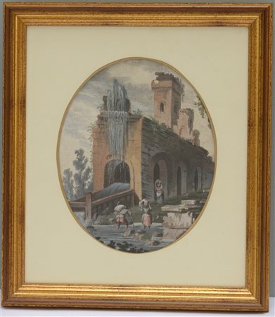 Artista del XIX Secolo "Rovine con fiume" gouache su carta (cm 27x22) In cornic