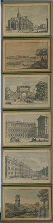 Gruppo di sei stampe a colori da incisioni antiche raffiguranti scorci di edifi