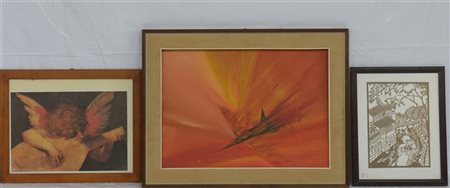 Lotto composto da un dipinto ad olio raffigurante un aereo e due riproduzioni,