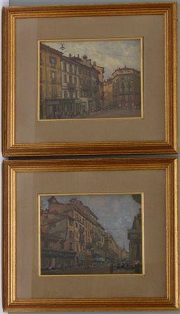 Alcide Cerise Coppia di dipinti ad olio raffiguranti "Scorci cittadini" (cm 15x1