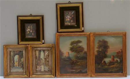 Lotto di tre coppie di dipinti raffiguranti paesaggi, scorci urbani e fiori, au