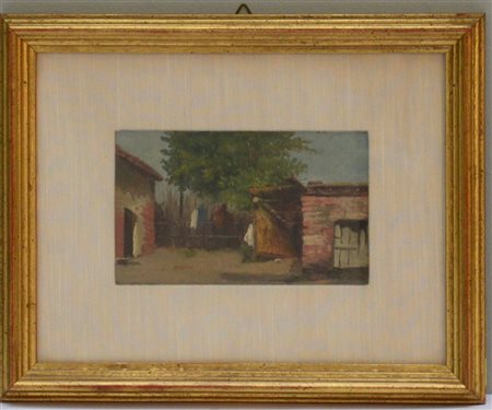 Firma indecifrata "Il cortile" olio su tavola (cm 10x15,5) Dedicato e firmato a