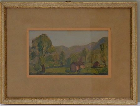 Firma indecifrata "Paesaggio montano" olio su cartone (cm 11,5x20) Firmato in b