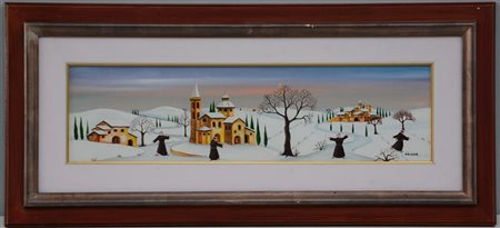 Emilio Zenone "Paesaggio innevato con fraticelli" dipinto naif ad olio su tavole