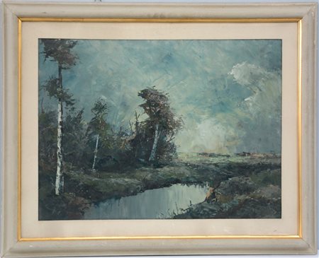 Ignoto "Paesaggio con alberi e corso d'acqua" olio su masonite (cm 60x80) in co