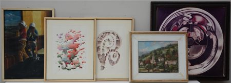 Lotto composto da cinque dipinti di diverse tecniche in cornici (difetti)