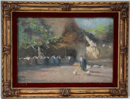 Emilio Borsa "Alla fontana" pastelli colorati su cartone (cm 50x70) Firmato in b