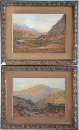 E. Plara "Paesaggi di montagna" due dipinti ad olio su cartone, uno dei due firm