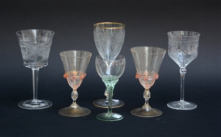 Manifatture diverse. Gruppo di sei calici in vetro e cristallo (difetti)