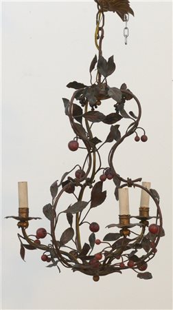 Lampadarietto a cesto a tre fiamme in metallo laccato decorato a foglie e cilie