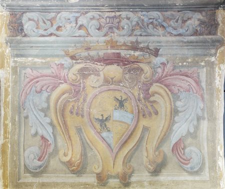 Strappo d'affresco raffigurante un cartiglio con stemma nobiliare, fine secolo