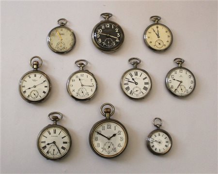 OMEGA, EBERHARD, LONGINES E ALTRI
Lotto composto da dieci orologi da tasca in a