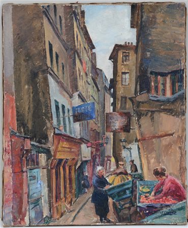 Jule Couez "Les Halles, rue de Venise" olio su tela (cm 61x50) firmato e datato