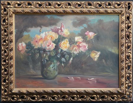 Riva "Vaso con rose" olio su tela (cm 50x70) firmato e datato 1940 in basso a d