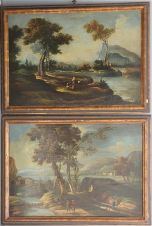 Ignoto "Paesaggi con viandanti" coppia di dipinti ad olio su tela (cm 69x98) in