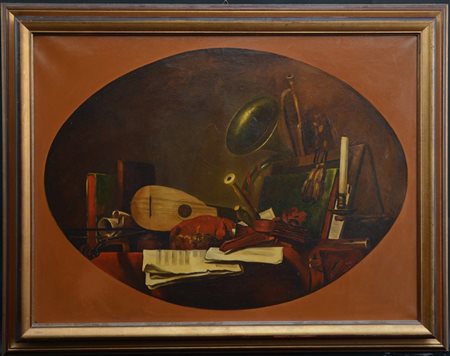 A. Morini "Natura morta con spartiti e strumenti musicali" olio su tela (cm 60x