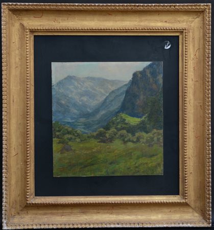 R. Lessona "Paesaggio montano" olio su compensato (cm 36x35) firmato in basso a