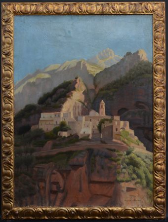 Eugene Muiller "Paesaggio montano con paesino" olio su tela (cm 80x60) firmato