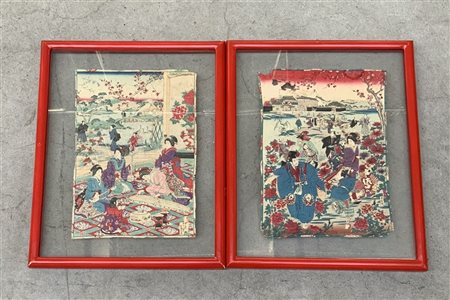 Coppia di incisioni acquerellate raffiguranti personaggi in paesaggi (cm 42x31)