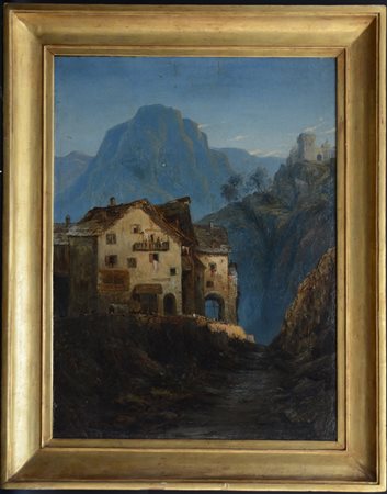 Scuola del sec. XIX "Paesaggio montano con figure e locanda" olio su tela (cm 7