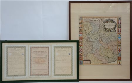 Lotto composto da una cartina della stato Sabaudo e tre certificati di prestito