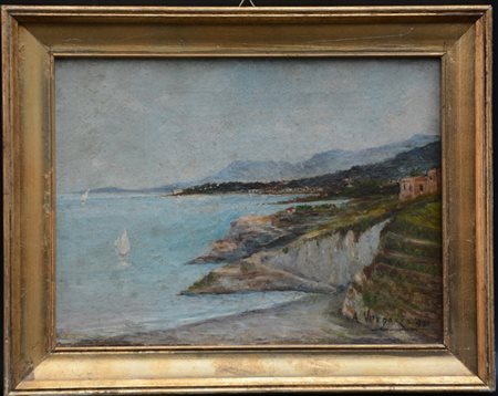 A. Vernazza "Marina con scogliere e vele" olio su tela (cm 24x33) firmato e dat