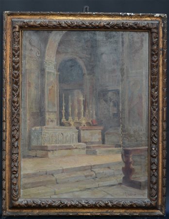 S. Cecconi "Interno di basilica" olio su tela (cm 65x50) firmato in basso a des