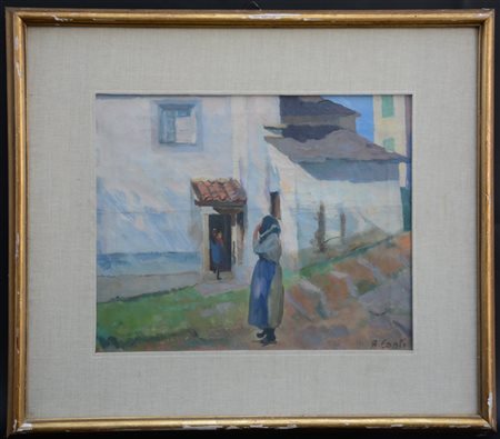 R. Conti "Scorcio di paese con case e figure" olio su tela (cm 38x45) in cornic