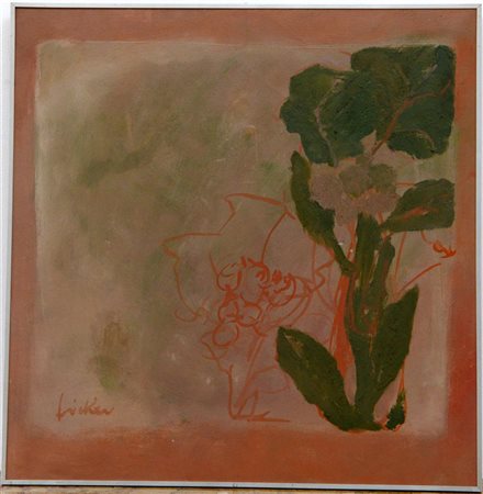 Franca Fricker "Il fiore e la sua ombra" 1982 olio su tela applicata su cartone