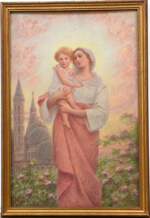 Alessandro Viazzi "Madre con bambino e la basilica di Sant'Antonio a Padova sull