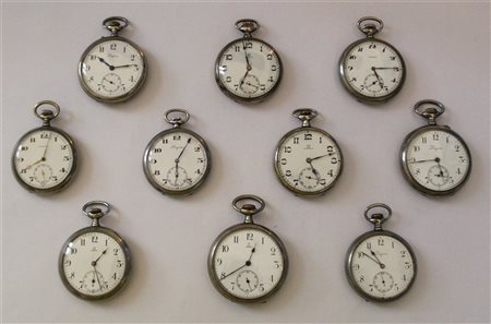 OMEGA E LONGINES
Lotto composto da dieci orologi da tasca in argento e metallo,
