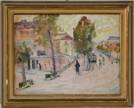Manzo "Scorcio di città con figure" olio su compensato (cm 33x44) Firmato in bas