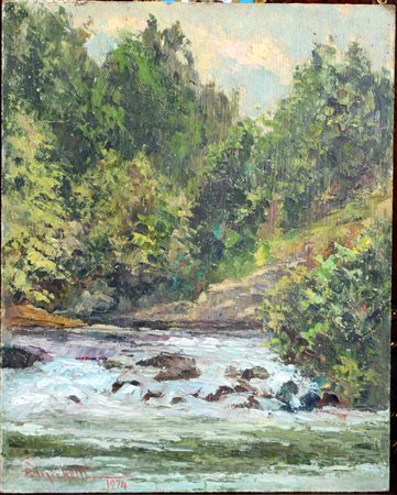 Piero Michetti "Scorcio di bosco con torrente" olio su masonite (cm 30x25) firma