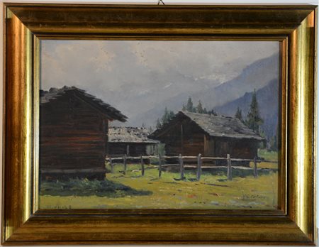 Giovanni Colmo "Baite" olio su cartone (cm 26x38) firmato in basso a destra e da