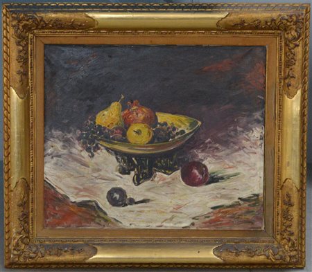 Firma indecifrata, "Natura morta con frutta", olio su tela (cm 50x60) firmato i