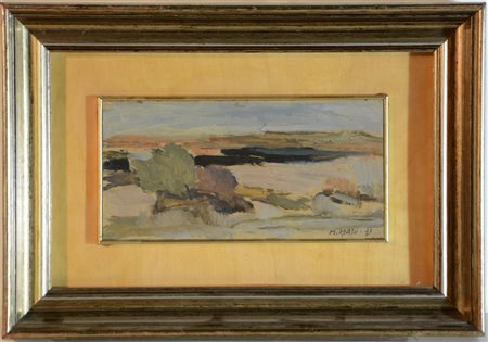 Manlio Masu "Paesaggio" 1977, olio su compensato (cm 12x25) firmato e datato in
