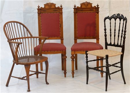 Lotto composto da una poltroncina in stile inglese e tre sedie di diversa fattu