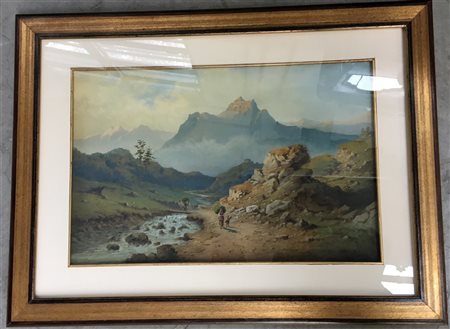 Maestro del XIX Secolo "Paeaggio alpestre" acquerello (cm 31.5x48) In cornice