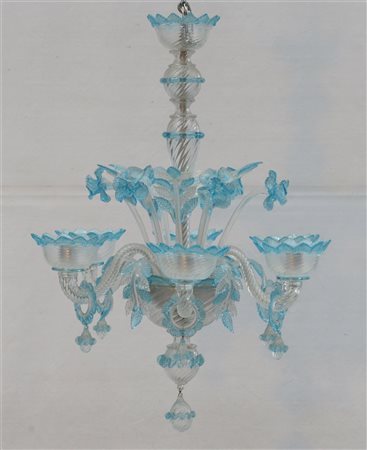 Manifattura di Murano
Lampadario a sei luci in vetro soffiato incolore e azzurr