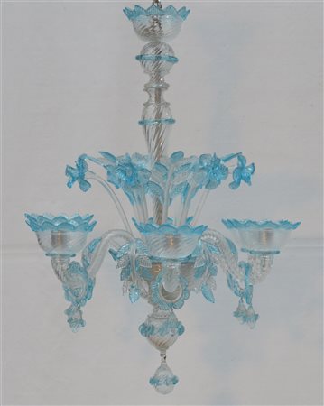 Manifattura di Murano
Lampadario a sei luci in vetro soffiato incolore e azzurr
