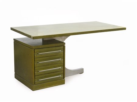 Scrivania in legno impiallacciao e bordato e tinto verde con montante in allumi