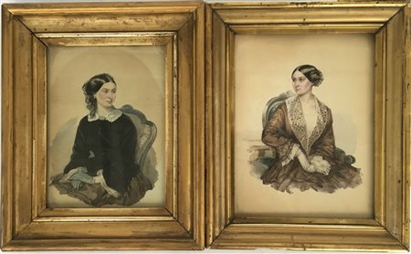 Scuola del secolo XIX ''Gentildonne'' coppia di acquerelli su carta (cm 26x20)