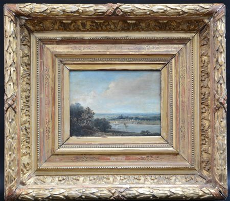 Artista del secolo XIX, "Paesaggio fluviale", olio su tavoletta (cm 18x24), cor