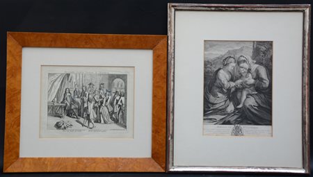 Lotto di due incisioni raffiguranti una scena d'interno e la Madonna con Bambin