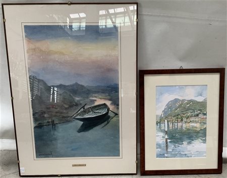 Lotto composto da due acquerelli raffiguranti "Scorcio di Menaggio" e "Barca in