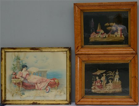 Lotto composto due ricami piccolo punto in lana, Francia ? secolo XX, raffigura