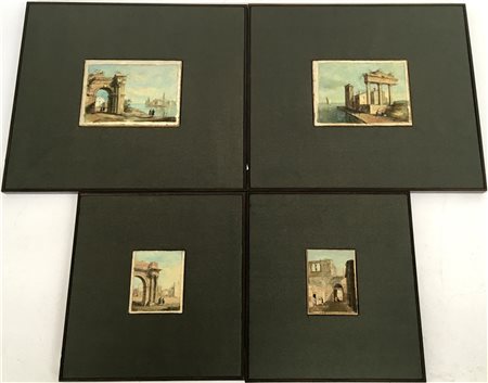 Scuola veneta. Gruppo di quattro dipinti ad olio su tavoletta raffiguranti scor