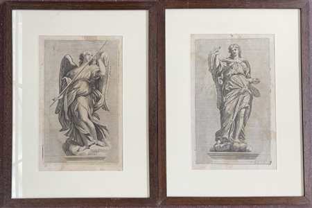 Coppia di incisioni del secolo XVIII raffiguranti sculture di figure angeliche
