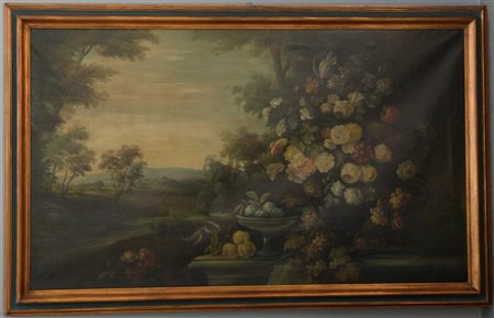 Ignoto "Composizione con frutta e fiori in un paesaggio" olio su tela (cm 71x12