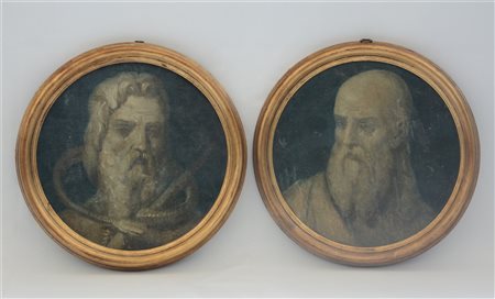Ignoto "Ritratto di filosofi" coppia di antichi dipinti monocromi ad olio su te